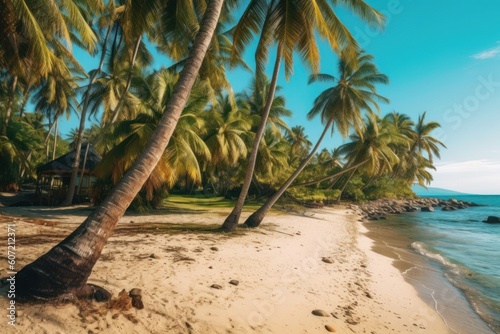 A serene tropical beach with palm trees and a traditional hut. Generative AI