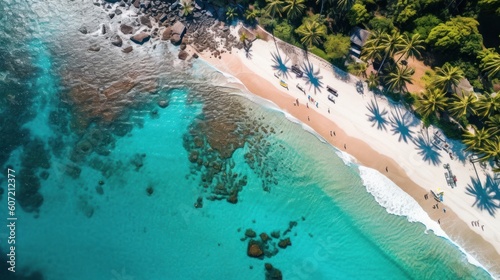 An idyllic tropical beach with palm trees from an aerial perspective. Generative AI