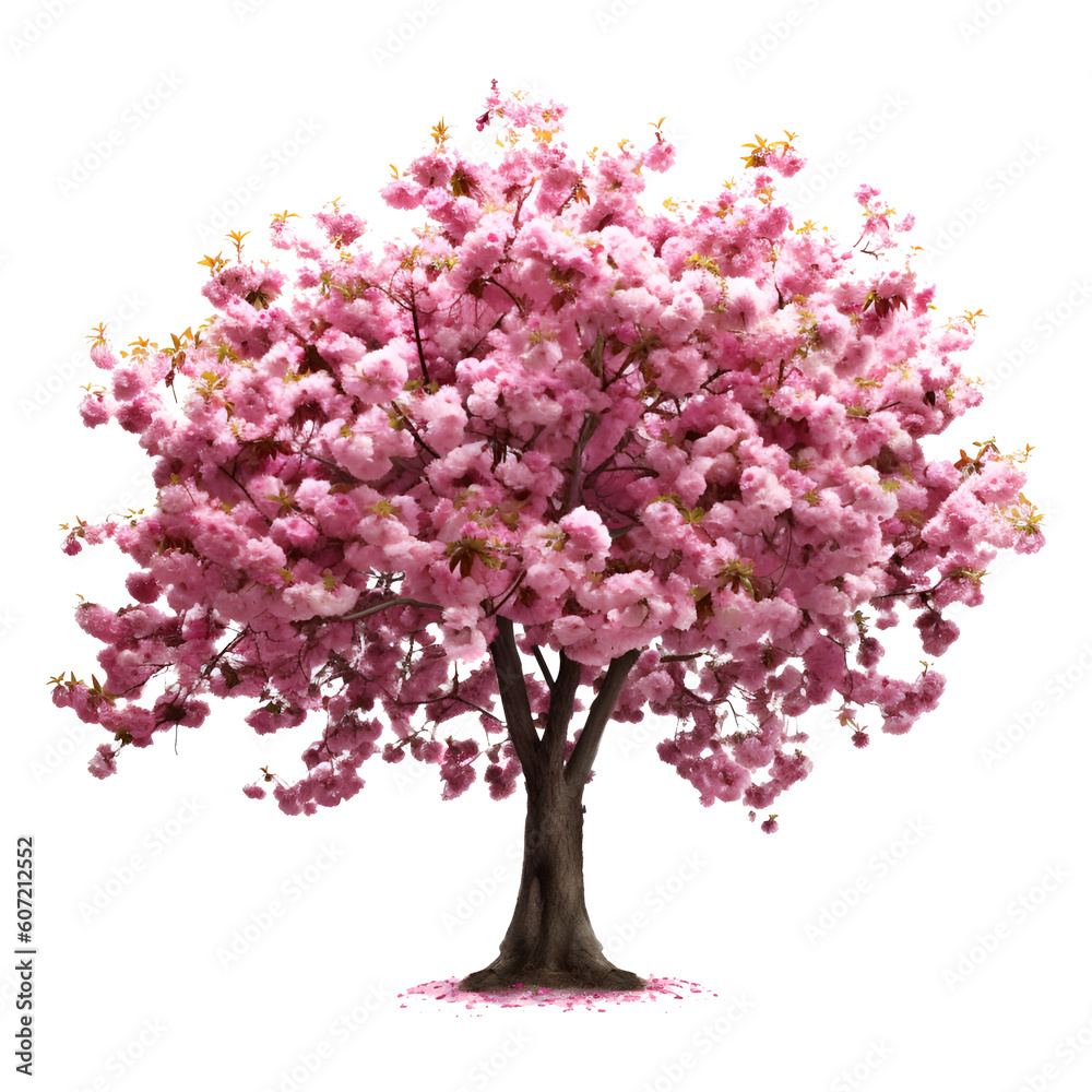 Fototapeta premium Pink cherry tree blossom isolated on transparent background. Tree and Plant isolated PNG element. Generative AI.