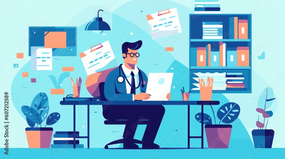 A doctor working on a computer at a desk. Generative AI A doctor working on a computer at a desk. Generative AI