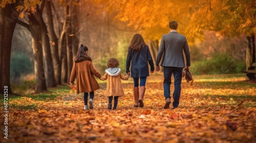 A family enjoying a fall walk on a leaf-strewn path. Generative AI © Cloudyew