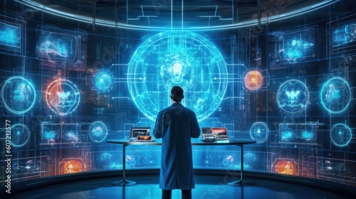 A scientist in a lab coat standing in front of a digital display. Generative AI