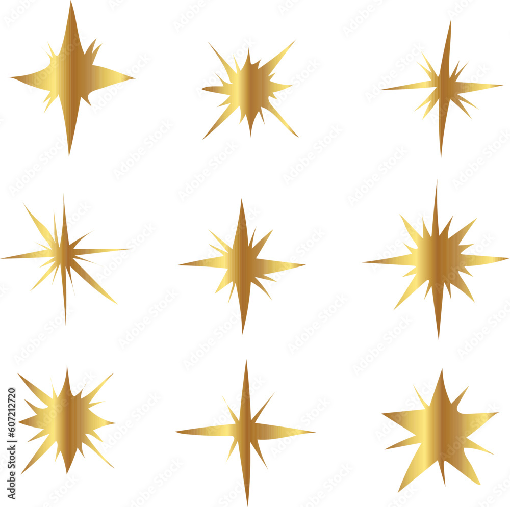 set of stars. Gold sparkling star set vector 