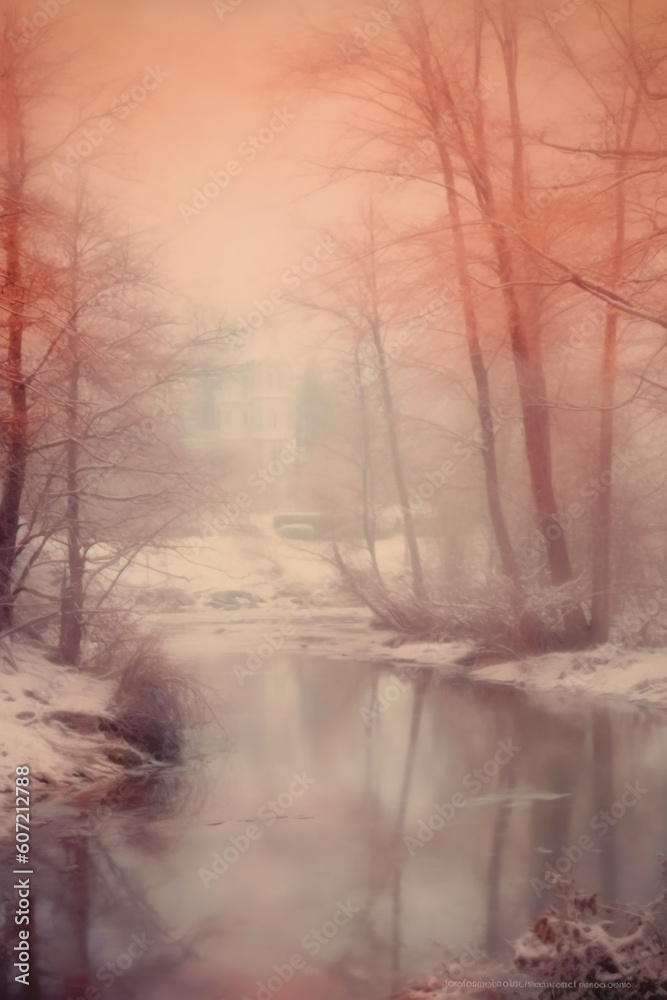 Fototapeta premium Hazy fog on a snowy day, soft glow, dreamy pastel film screen shot. AI generative