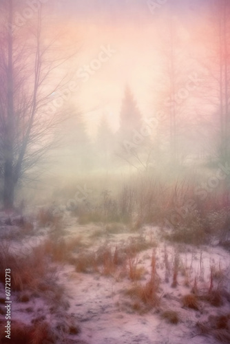 Hazy fog on a snowy day, soft glow, dreamy pastel film screen shot. AI generative