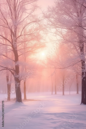 Hazy fog on a snowy day, soft glow, dreamy pastel film screen shot. AI generative © SANGHYUN