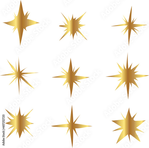 set of stars. Gold sparkling star set vector 