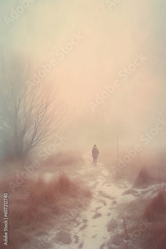 Hazy fog on a snowy day  soft glow  dreamy pastel film screen shot. AI generative