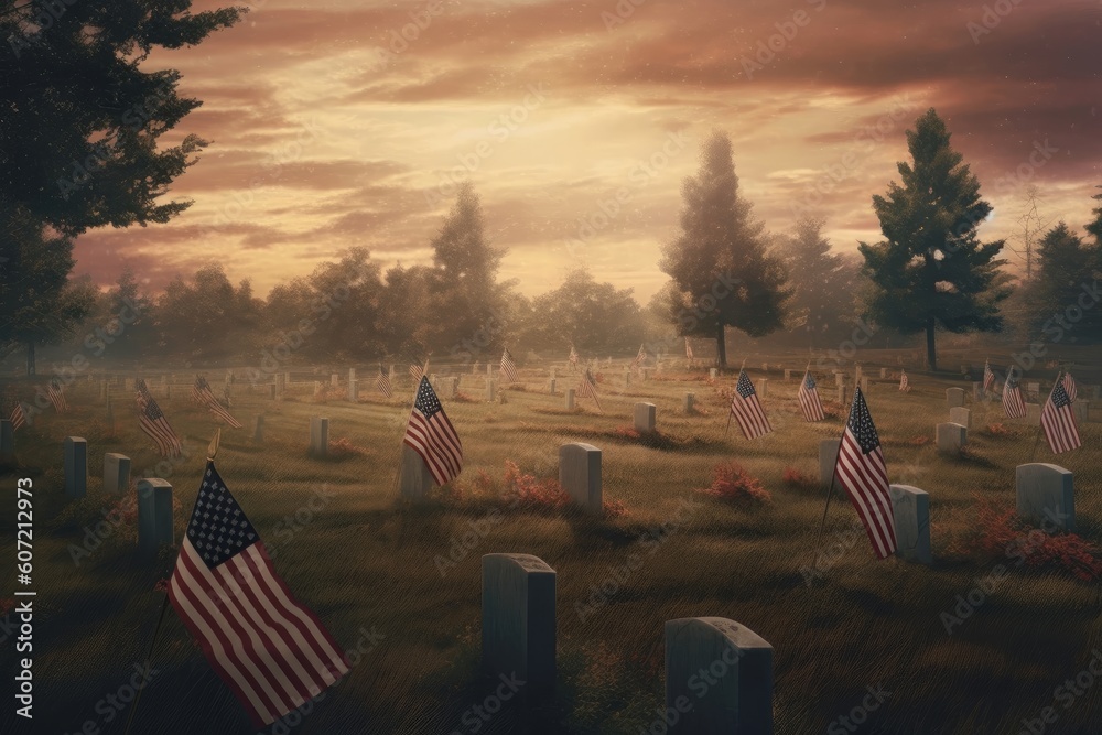 Cemetery with American flags honoring fallen soldiers. Generative AI ...