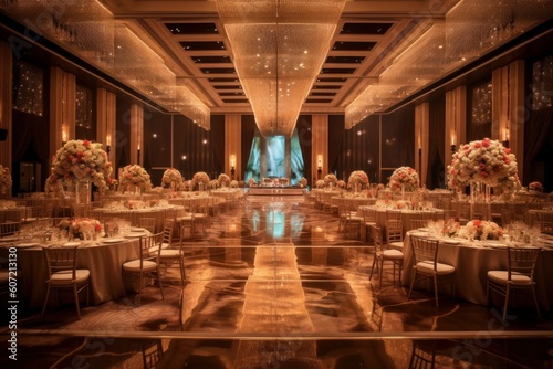 Spacious banquet hall with elegantly arranged tables and chairs. Generative AI