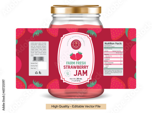 Strawberry Jam label design. Packaging design of the Strawberry Jam label with Jar mockup. Premium quality bread spread food editable label design vector illustration.