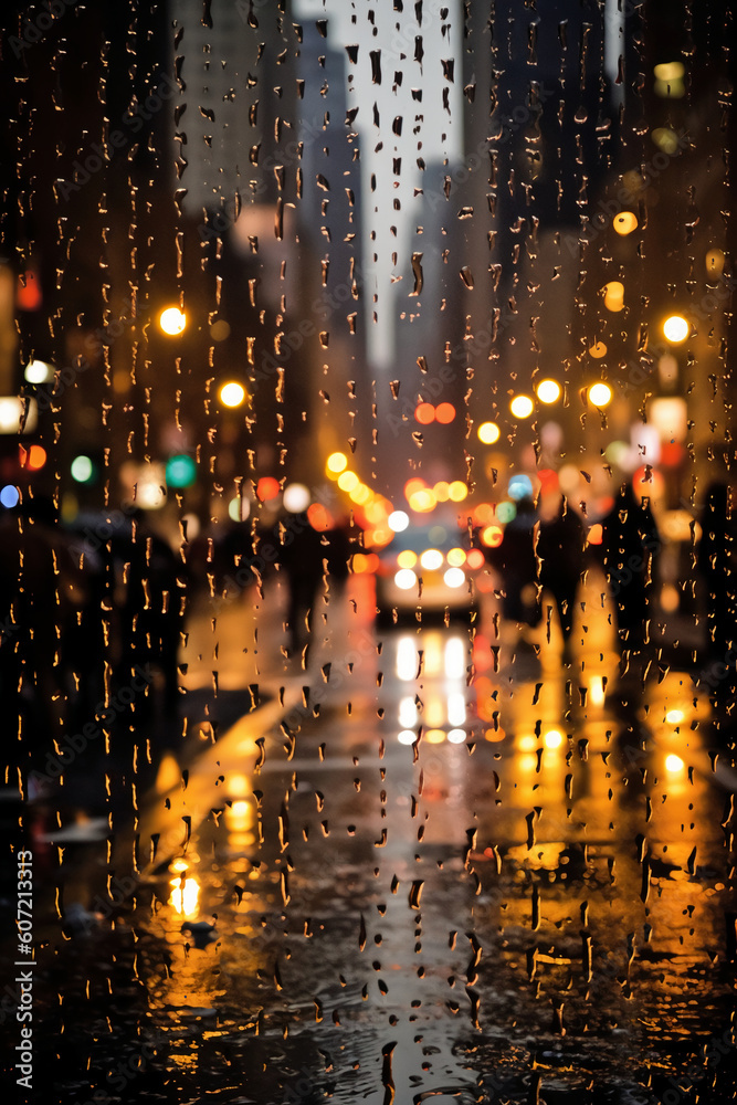 Photograph of busy city street, taken at dusk on a rainy day, water beading on glass, camera focus on window. AI generative Photograph of busy city street, taken at dusk on a rainy day, water beading on glass, camera focus on window. AI generative