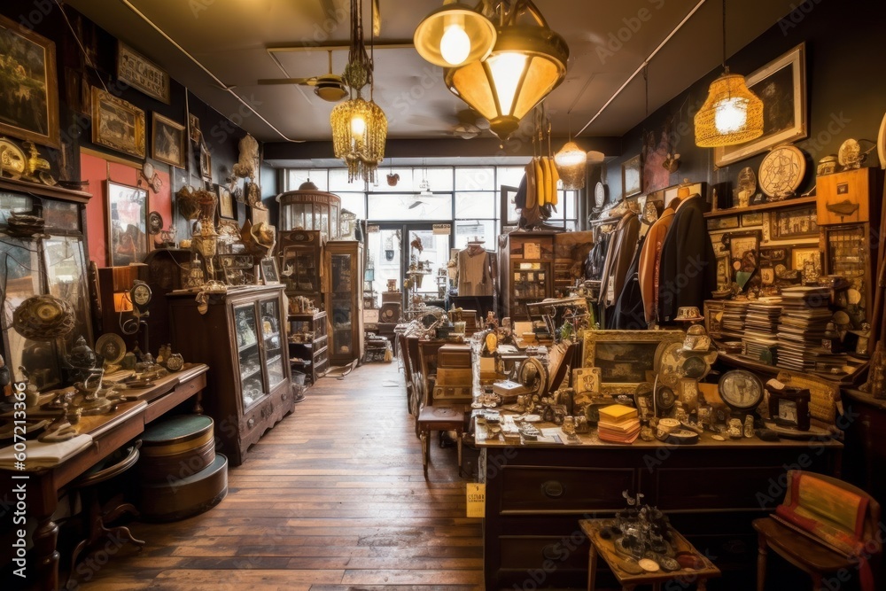 Vintage room filled with antique items of different eras and styles. Generative AI