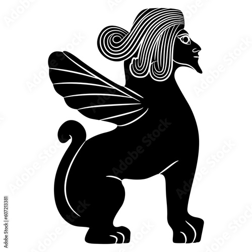 Bearded winged male sphynx from ancient Syria. Fantastic mythological animal. Black and white negative silhouette.