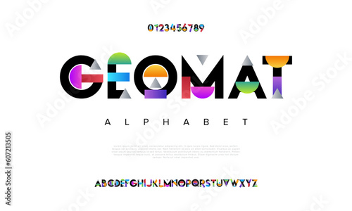 Geometric geomat abstract digital technology logo font alphabet. Minimal modern urban fonts for logo, brand etc. Typography typeface uppercase lowercase and number. vector illustration photo