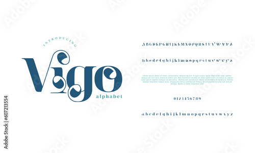 Simple vigo abstract fashion wedding logo font alphabet. Minimal modern urban fonts for logo, brand etc. Typography typeface uppercase lowercase and number. vector illustration