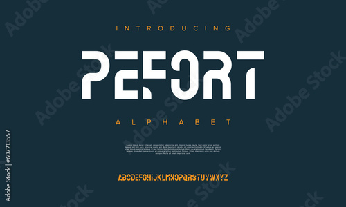 Pefort abstract digital technology logo font alphabet. Minimal modern urban fonts for logo, brand etc. Typography typeface uppercase lowercase and number. vector illustration