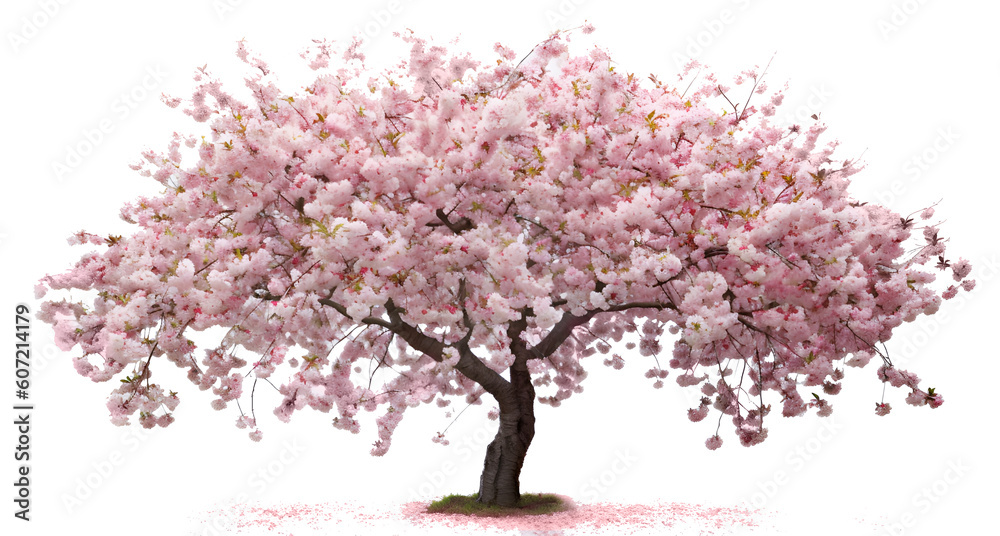 Pink cherry tree blossom isolated on transparent background. Tree and Plant isolated PNG element. Generative AI.