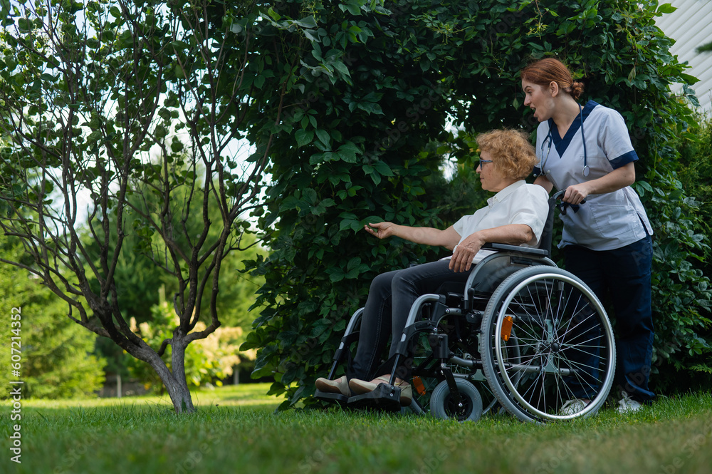 Caucasian female doctor walks with an elderly patient in a wheelchair in the park. Nurse accompanies an old woman on a walk outdoors. Caucasian female doctor walks with an elderly patient in a wheelchair in the park. Nurse accompanies an old woman on a walk outdoors.