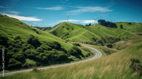 Wind turbines on the hill. green alternative energy. Generative AI