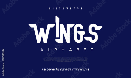 Wings abstract digital technology logo font alphabet. Minimal modern urban fonts for logo, brand etc. Typography typeface uppercase lowercase and number. vector illustration