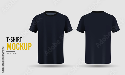 Blank black t-shirt template. Front and back views.
Realistic shirt with short sleeves