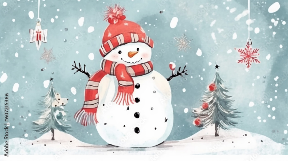 Merry Christmas cute greeting card with snowman and presents. Generative AI