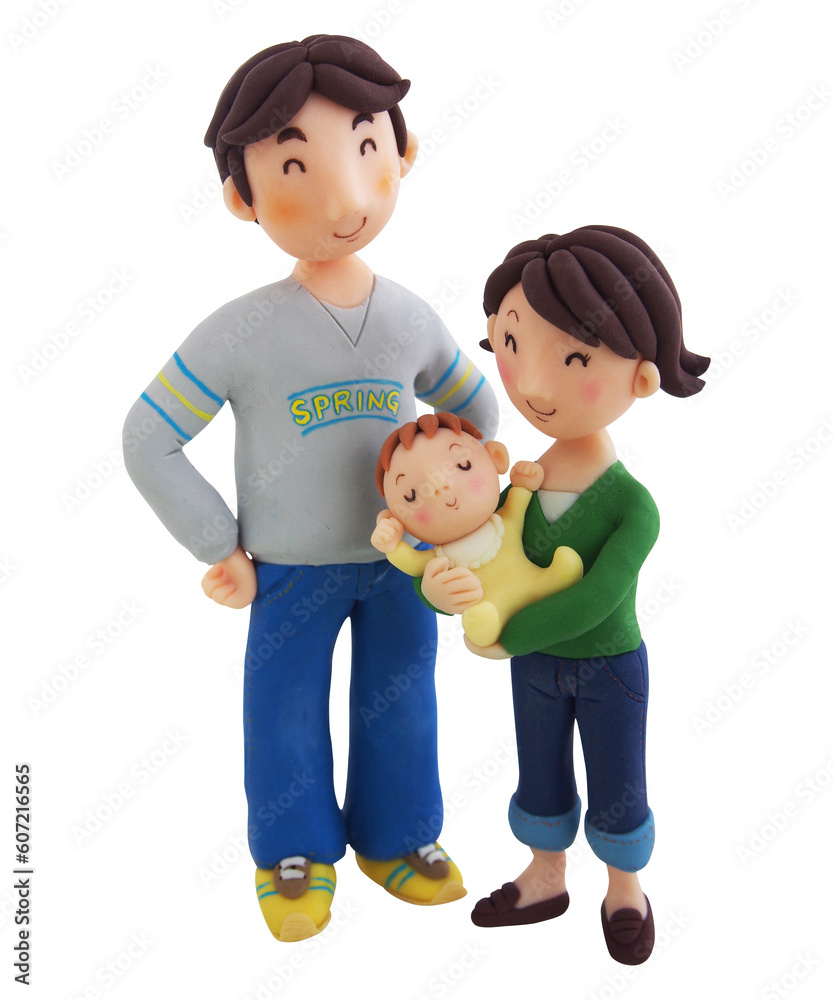 赤ちゃんを見つめる笑顔の夫婦（粘土立体イラスト）