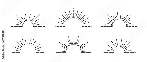 Half sunburst frame set. Linear sunrise and sunset symbols collection. Radial sunshine light rays pack. Retro sunbeam shapes. Design elements for logo, label, badge, poster. Vector bundle