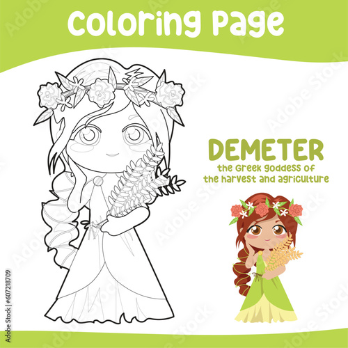 Colouring worksheet of Demeter Goddess of the harvest and agriculture. Ancient Greece mythology. Greek deity theme elements. Coloring page activity for kids. Vector illustration file.