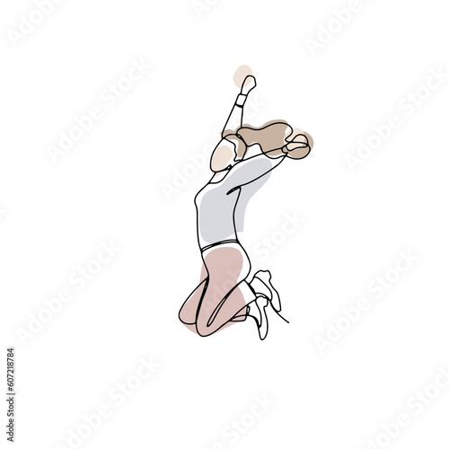 Single line drawing of jumping woman with abstract shapes. Linear hand drawn doodle on white background