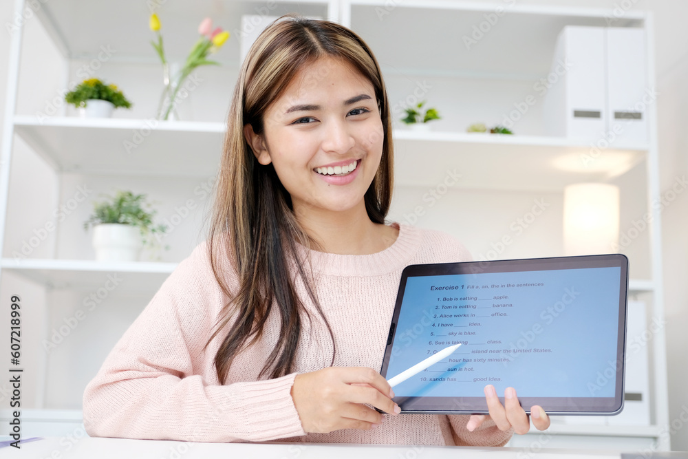 Woman study english language online by laptop computer, learning online course Woman study english language online by laptop computer, learning online course