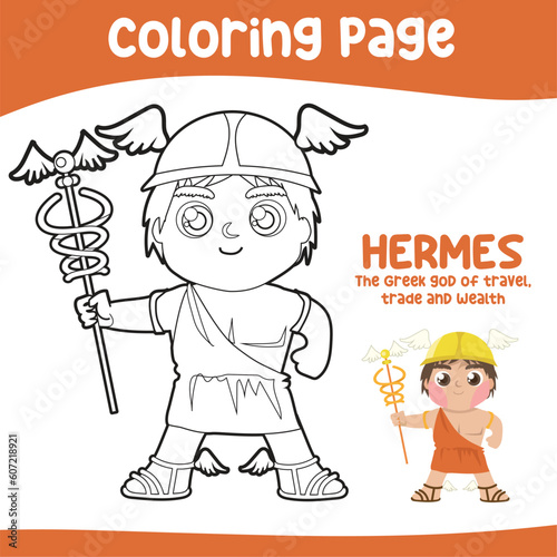 Colouring worksheet of Hermes God of travel and trade. Ancient Greece mythology. Greek deity theme elements. Coloring page activity for kids. Vector illustration file.