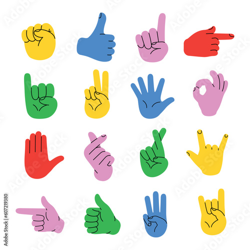 Set of different gestures hand with hand drawn vector doodle illustration