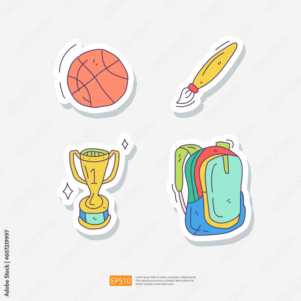 Basket Ball, Paintbrush, Winner Trophy, Backpack Bag. School and Study Doodle Sticker Icon Set Vector Illustration
