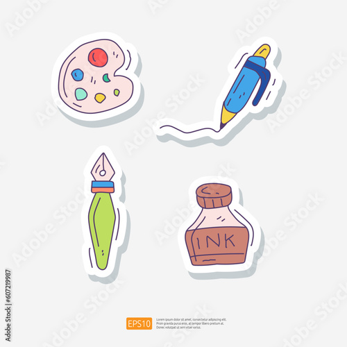 Colorful color palette, Pencil or Pen, Ink Bottle, Pen Nib. School and Creative Study Doodle Sticker Icon Set Vector Illustration