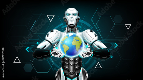 AI Artificial intelligence humanoid holding planet Earth on hand, Artificial Intelligence world technology disruption concept, vector illustration