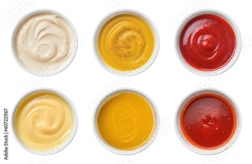 Mayonnaise, mustard and ketchup in white gravy boats isolated on transparent background. Generative AI