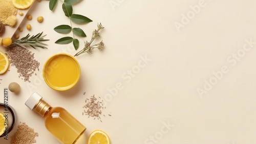 Ingredients for skin care products laid down flat. Top view of natural cosmetics on a bright background. GENERATE AI