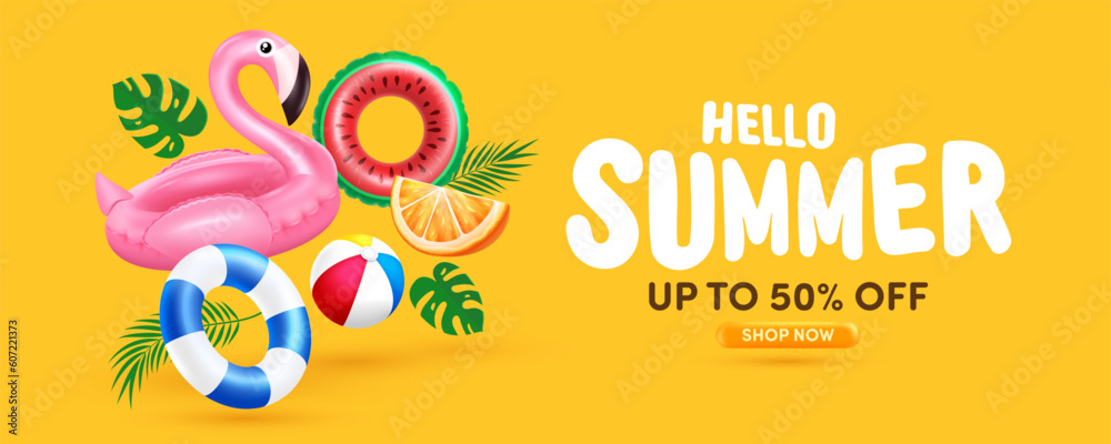 Summer poster or banner template with Flamingo Pool Float, Watermelon Swimming Floats and Summer element on yellow background. Promotion and shopping template for Summer time Summer poster or banner template with Flamingo Pool Float, Watermelon Swimming Floats and Summer element on yellow background. Promotion and shopping template for Summer time