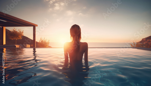 a woman in a hat and hat sitting next to a pool and watching the sunset sunset view, generative AI © Kien