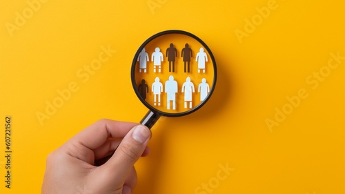 In order to attract customers for a focus group, a hand holding a magnifying glass has a yellow people symbol amid white people icons. GENERATE AI