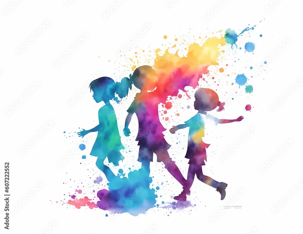 Illustration of a watercolor painting of three children's playing together. Children's day greeting card. Generative ai.