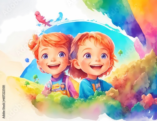 Illustration of a watercolor painting of two cute children's face. Children's day greeting card. Generative ai.