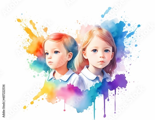 Illustration of a watercolor painting of two cute children's face. Children's day greeting card. Generative ai.