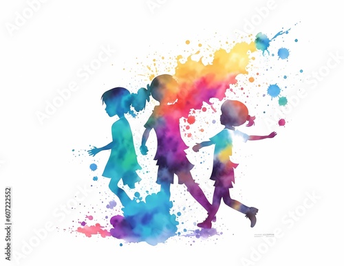 Illustration of a watercolor painting of three children's playing together. Children's day greeting card. Generative ai.