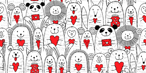 Cute animals with hearts in hands together. Be my Valentine. Valentine's day ...