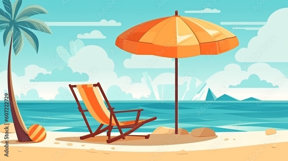 Tropical beach with sunbathing gear, background of summer vacation. GENERATE AI Tropical beach with sunbathing gear, background of summer vacation. GENERATE AI