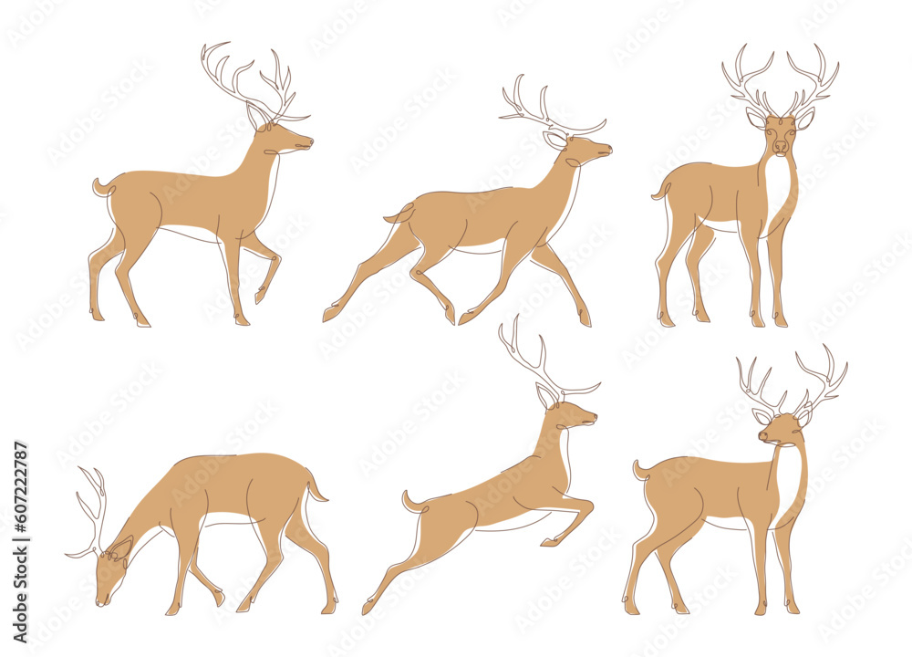 Set of deer in continuous line art drawing style. Continuous line drawing collection of deer. Deer in abstract and minimalist linear icon set. Vector illustration