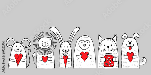 Cute animals with hearts in hands. Be my Valentine. Valentine's day banner, b...